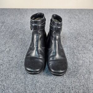 Azaleia Black Leather Ankle Boots Buckle Strap Side Zip White Stitching‎ 8M